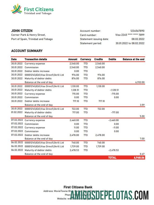 Modelo Xls de extrato bancário do First Citizens de Trinidad e Tobago